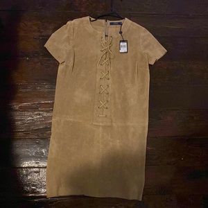Polo by Ralph Lauren Short Sleeved Criss Cross Tan Real Calf Suede Dress NWT